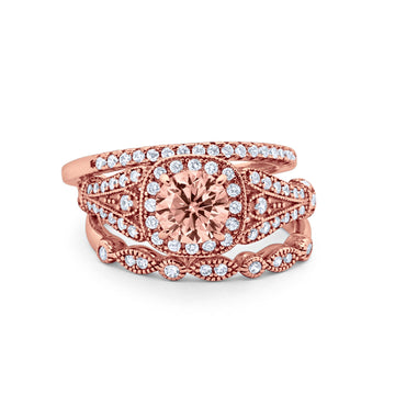 Three Piece Art Deco Bridal Wedding Ring Rose Tone, Simulated Morganite CZ 925 Sterling Silver